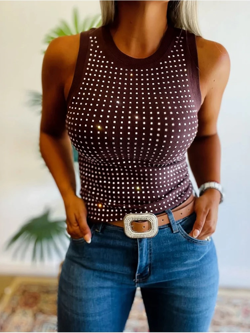 Ribbed Brown Tank Top with Stud Accents